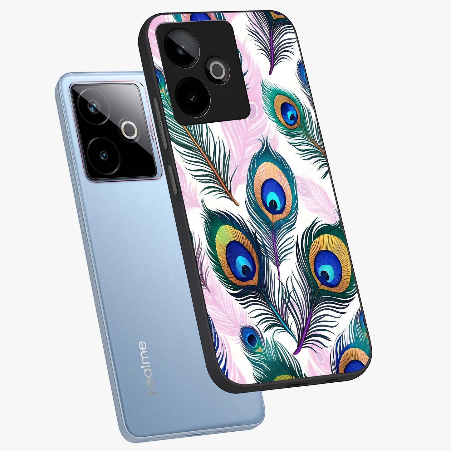 Royal Peacock Feathers Glass Case displayed in angled mockup highlighting vibrant feather pattern with regal aesthetic style.