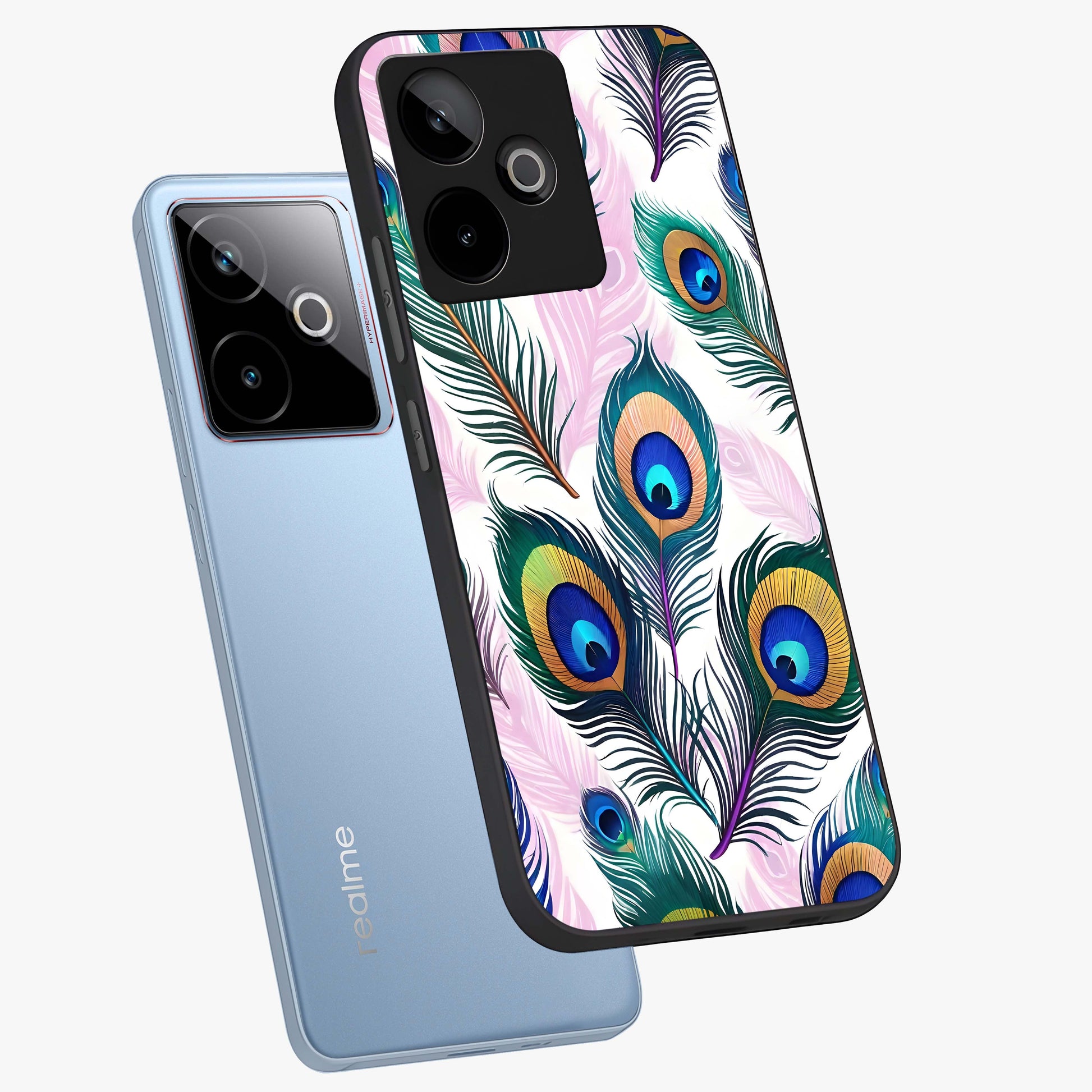 Royal Peacock Feathers Glass Case displayed in angled mockup highlighting vibrant feather pattern with regal aesthetic style.