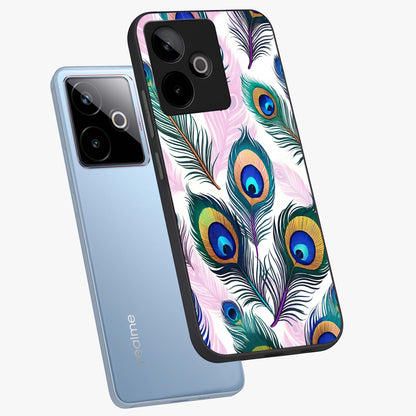 Royal Peacock Feathers Glass Case displayed in angled mockup highlighting vibrant feather pattern with regal aesthetic style.