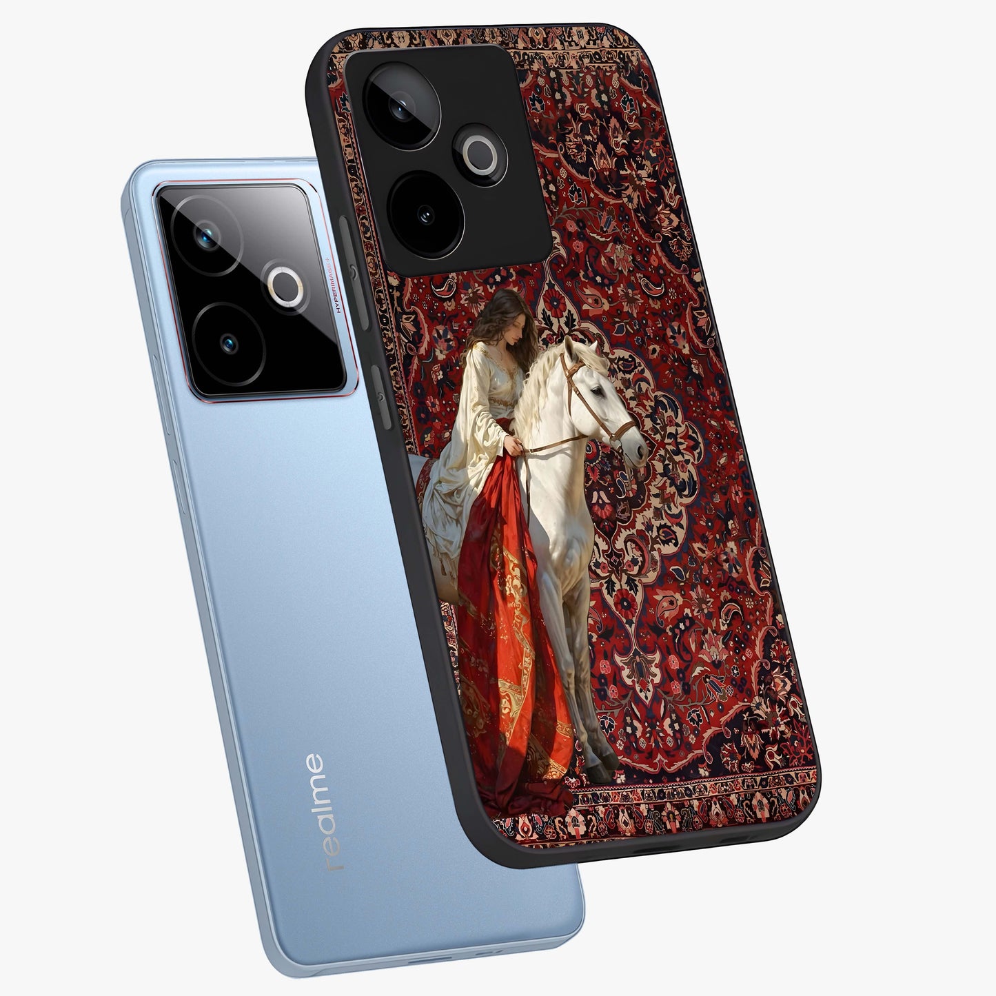 Royal Rider Tapestry Glass Case displayed in angled mockup highlighting traditional tapestry design with royal heritage aesthetic.