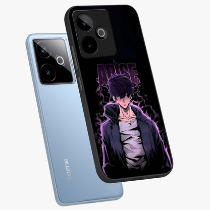 Shadow Monarch Awakening Glass Case displayed in angled mockup highlighting dramatic shadow warrior design with fantasy aesthetic.