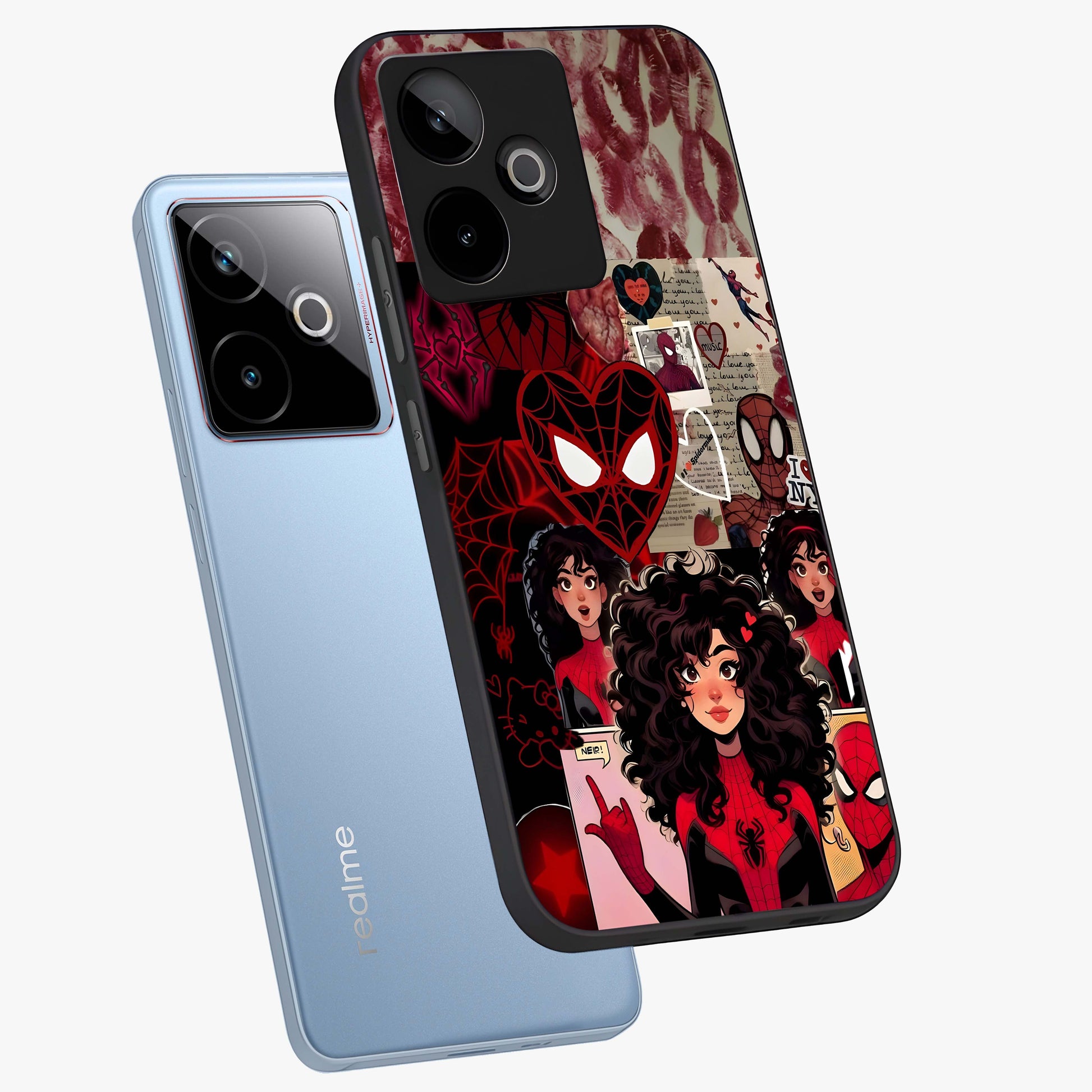 Spider Love Story Glass Case displayed in angled mockup highlighting expressive comic inspired design with playful aesthetic.