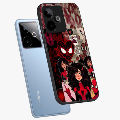 Spider Love Story Glass Case displayed in angled mockup highlighting expressive comic inspired design with playful aesthetic.