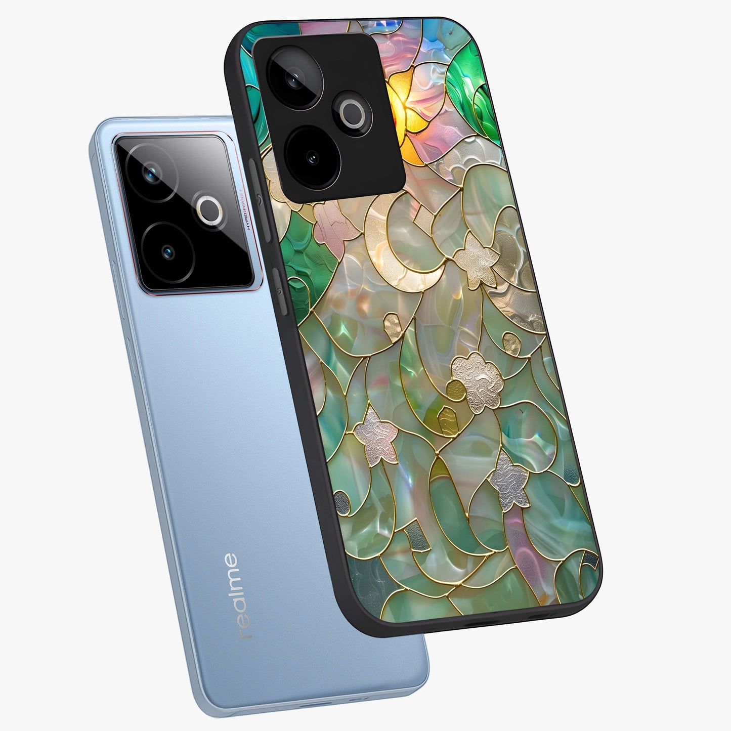 Stained Sunrise Glow Glass Case displayed in angled mockup highlighting radiant sunrise design with artistic aesthetic style.
