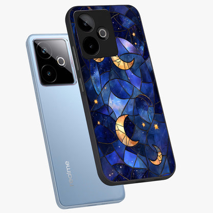 Starlit Sky Tapestry Glass Case displayed in angled mockup highlighting celestial night pattern with artistic aesthetic style.