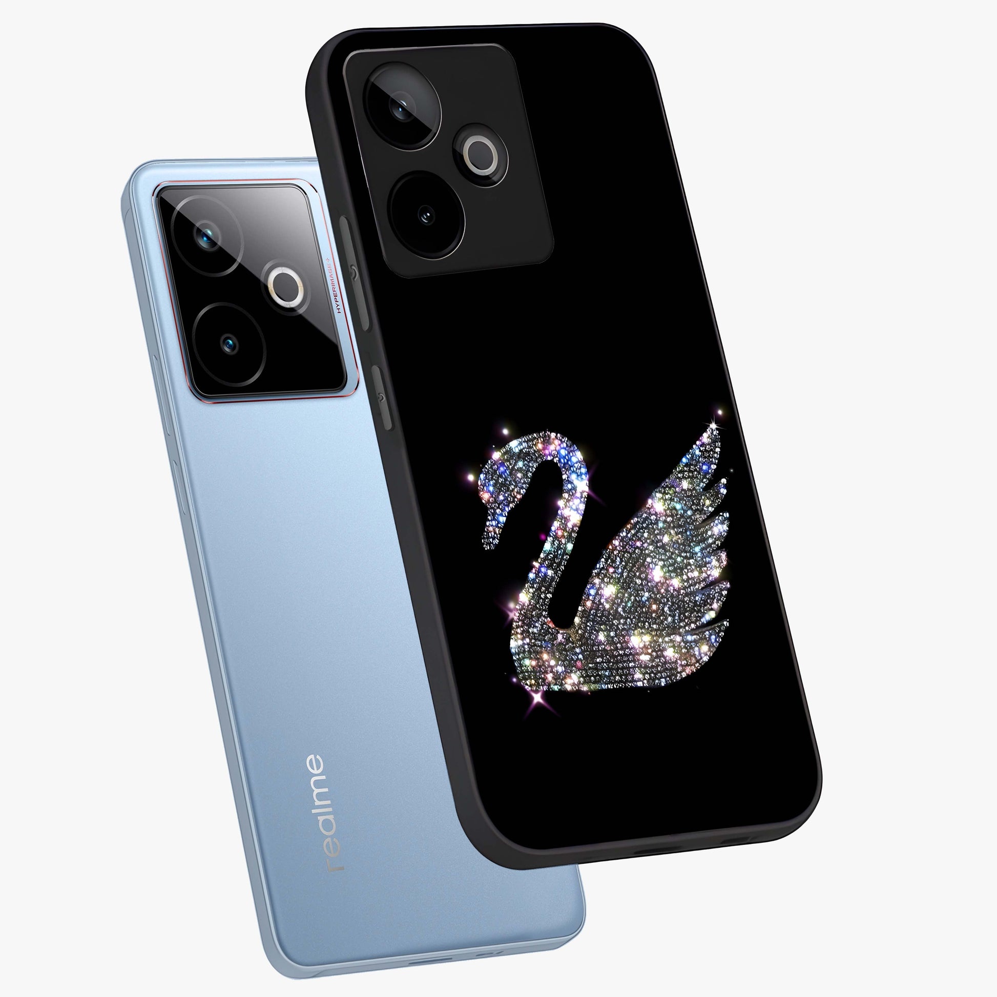 Starlit Swan Grace Glass Case displayed in angled mockup highlighting elegant swan illustration with dreamy celestial aesthetic.