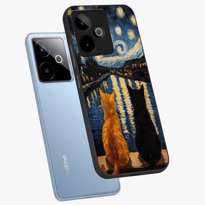 Starry River Cats Glass Case displayed in angled mockup highlighting charming feline illustration with dreamy night aesthetic.