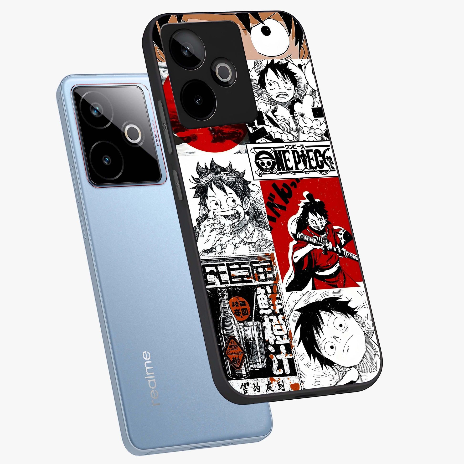 Strawhat Chaos Panels Glass Case displayed in angled mockup highlighting vibrant anime collage design with action aesthetic.