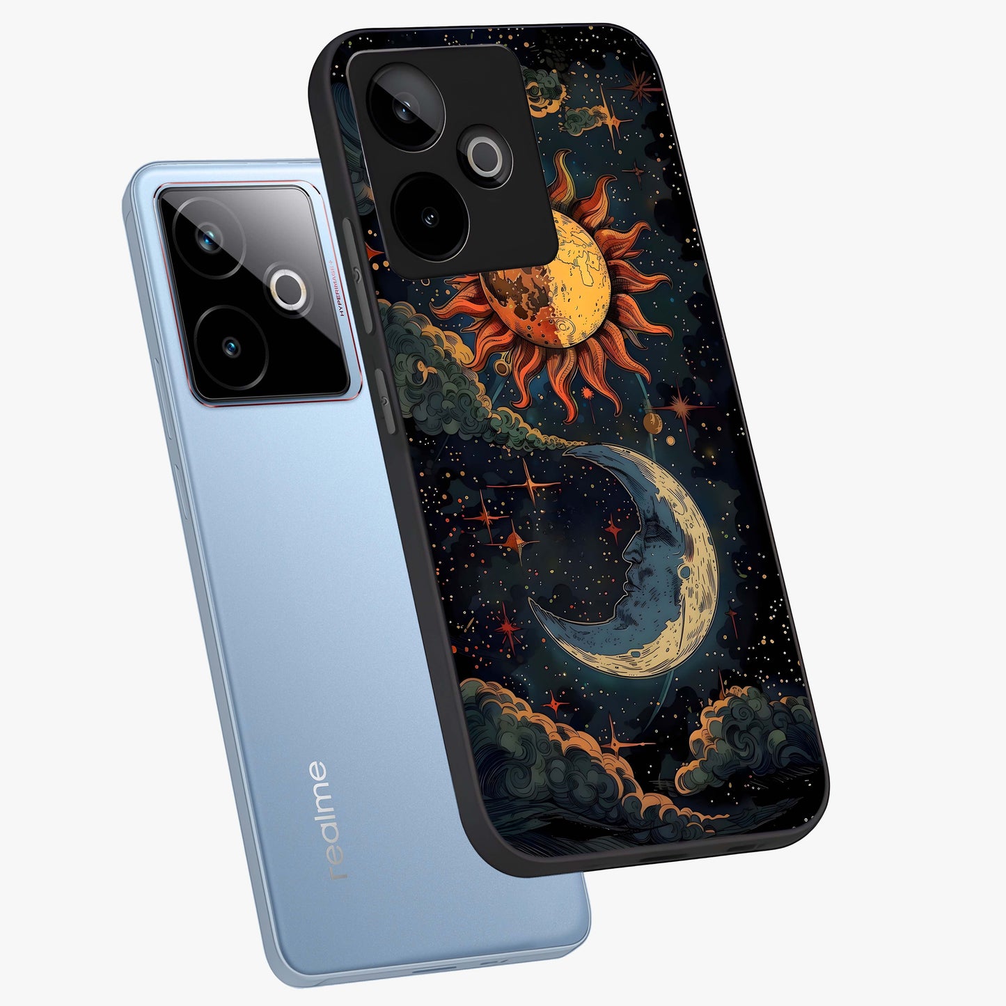 Sun And Moon Magic Design Glass Case displayed in angled mockup highlighting celestial design with magical cosmic aesthetic.
