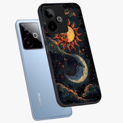 Sun And Moon Magic Design Glass Case displayed in angled mockup highlighting celestial design with magical cosmic aesthetic.