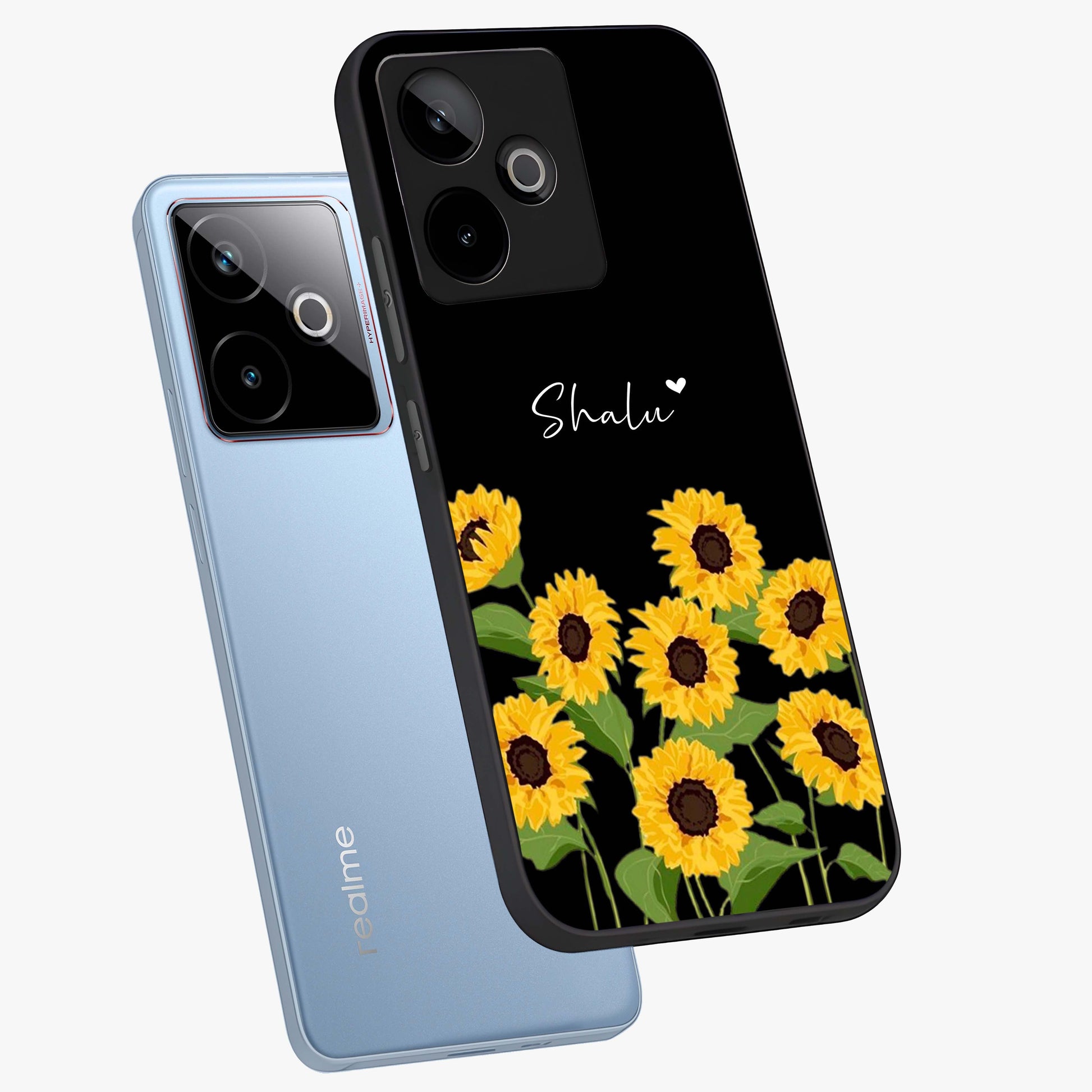 Sunflower Chic Mood Custom Name Glass Case displayed in angled mockup highlighting vibrant sunflower design with custom name feature.