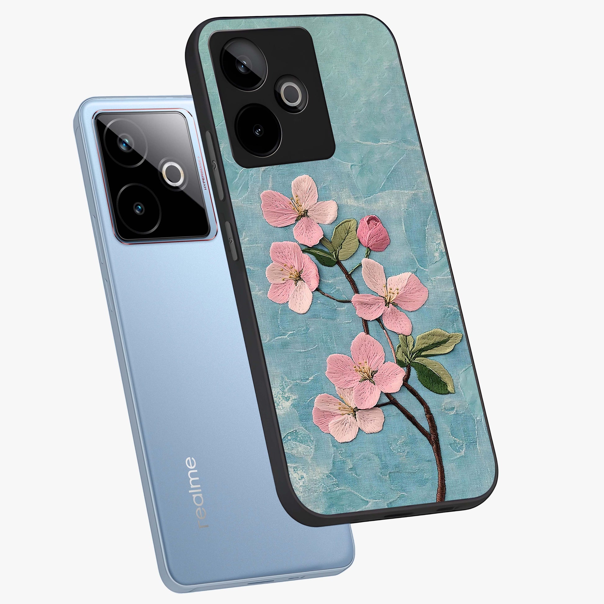 Threaded Blossom Breeze Glass Case displayed in angled mockup highlighting elegant floral design with soft aesthetic style.