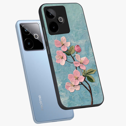 Threaded Blossom Breeze Glass Case displayed in angled mockup highlighting elegant floral design with soft aesthetic style.