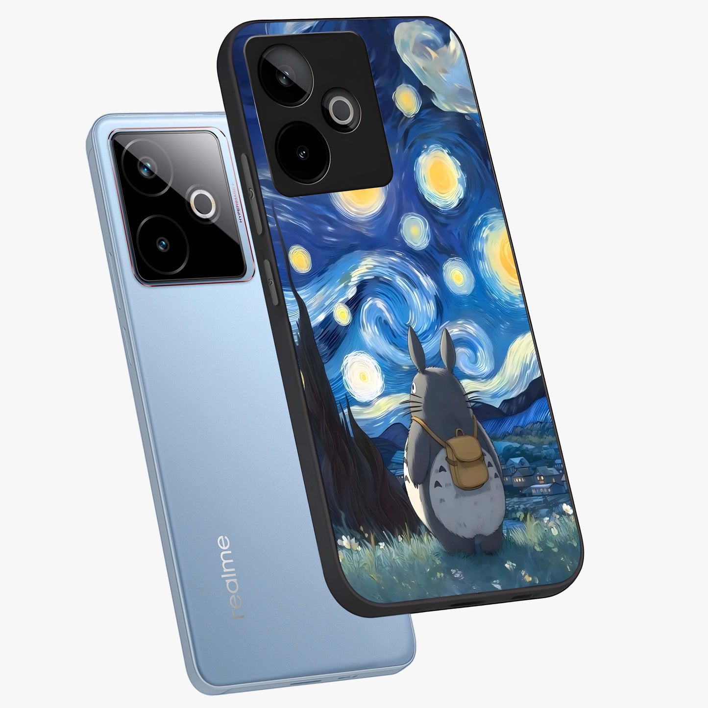 Totoro In Van Gogh Art Glass Case displayed in angled mockup highlighting artistic swirling sky design with playful animation aesthetic.