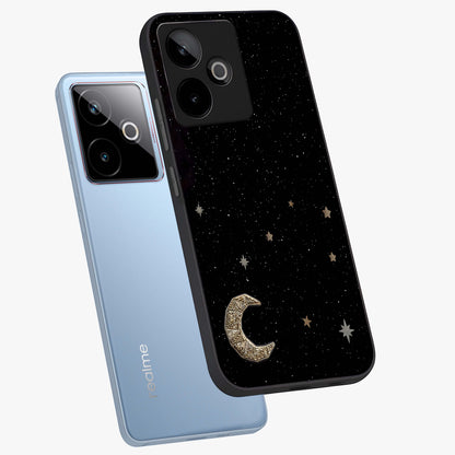 Twinkle Star With Half Moon Glass Case displayed in angled mockup highlighting celestial moon and star design with magical aesthetic.
