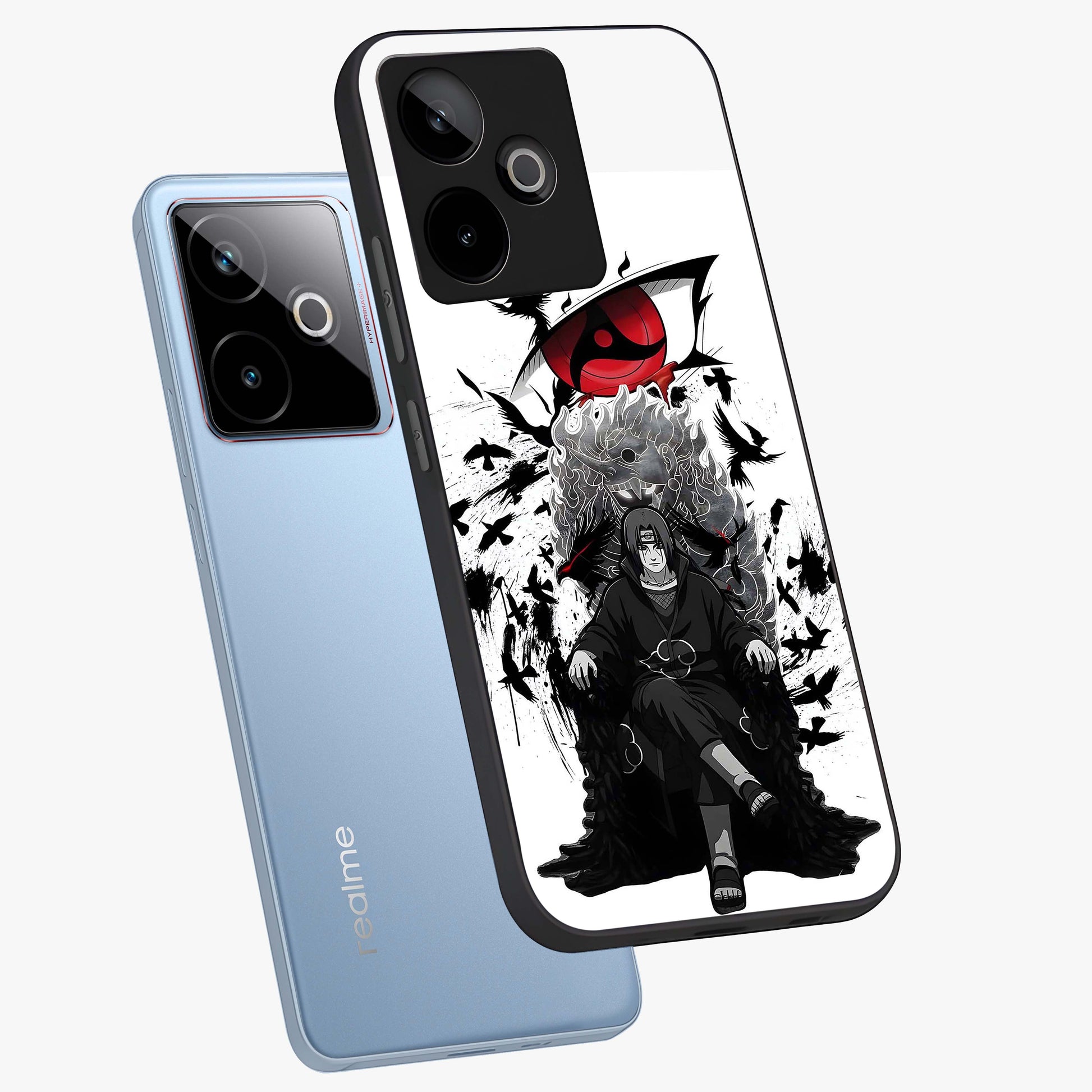 Uchiha Shadow Throne Glass Case displayed in angled mockup highlighting glowing aquatic design with celestial aesthetic.
