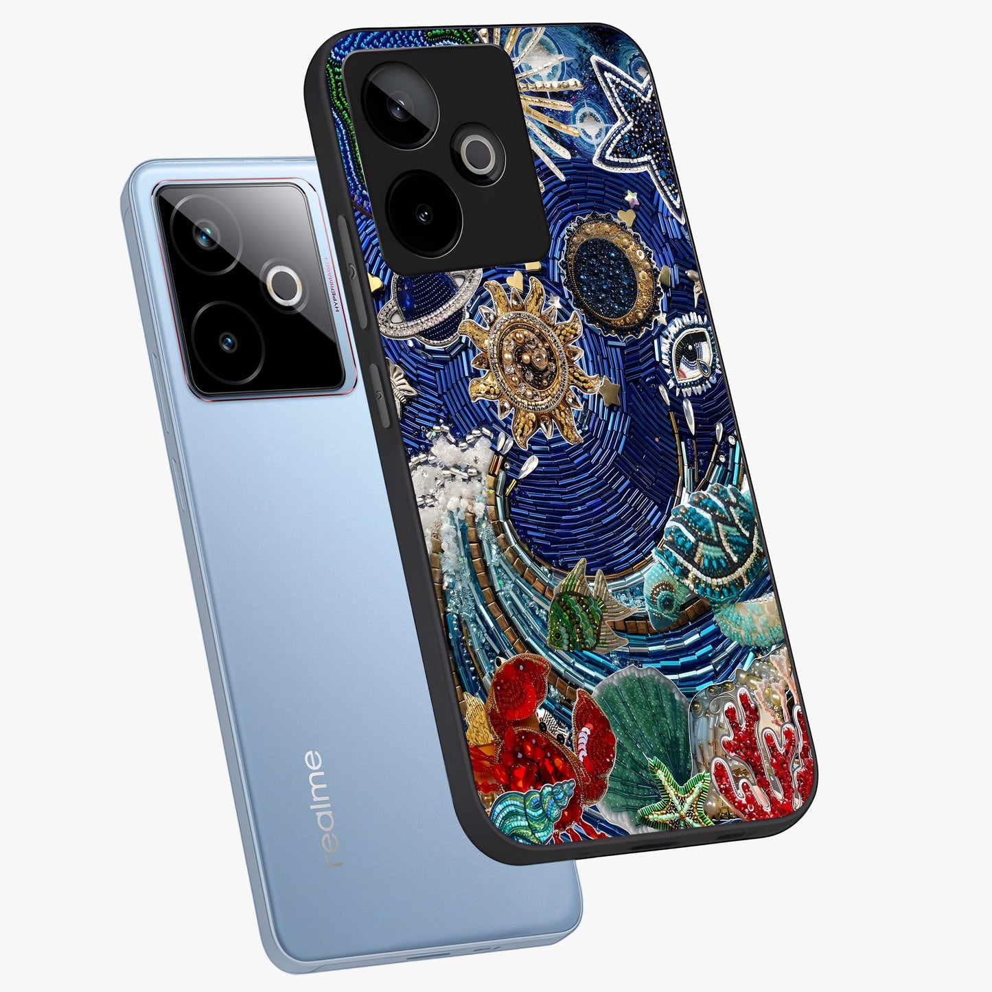 Universe Underwater Spark Glass Case displayed in angled mockup highlighting glowing aquatic design with celestial aesthetic.
