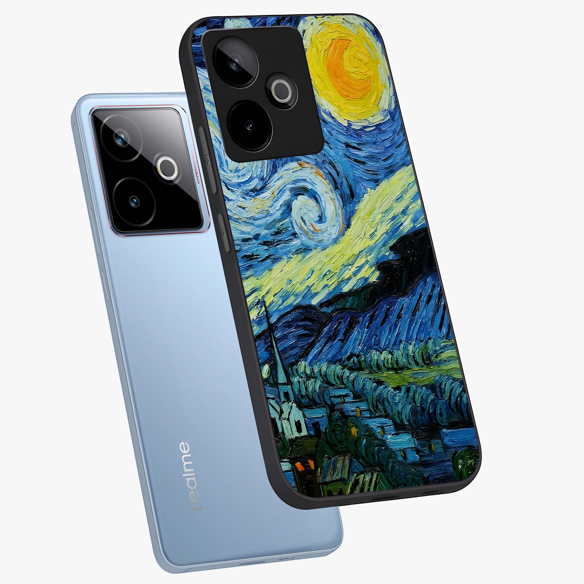 Van Gogh Art Glass Case displayed in angled mockup highlighting swirling brushstroke design with artistic aesthetic.