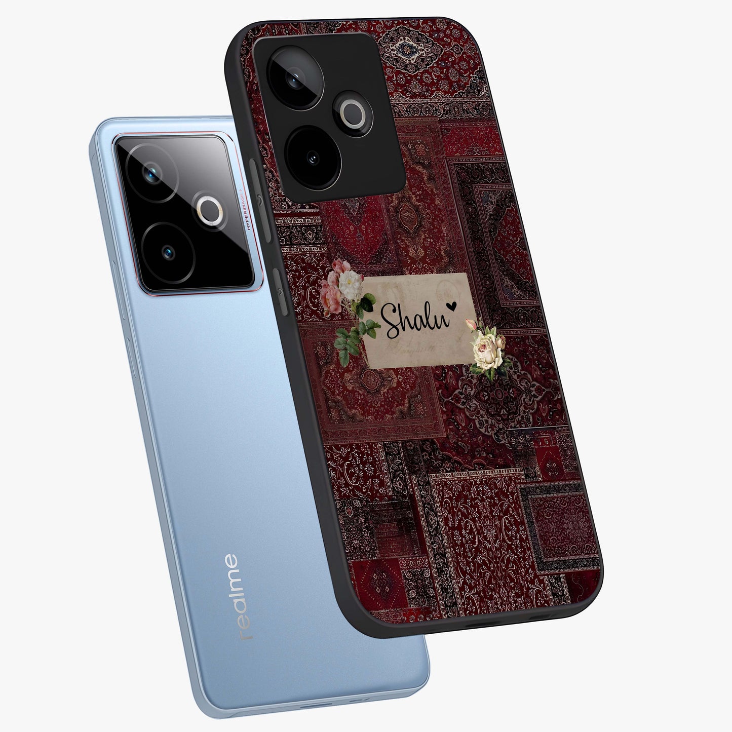 Velvet Wine Pattern Custom Name Glass Case displayed in angled mockup highlighting decorative velvet inspired design with custom name feature.