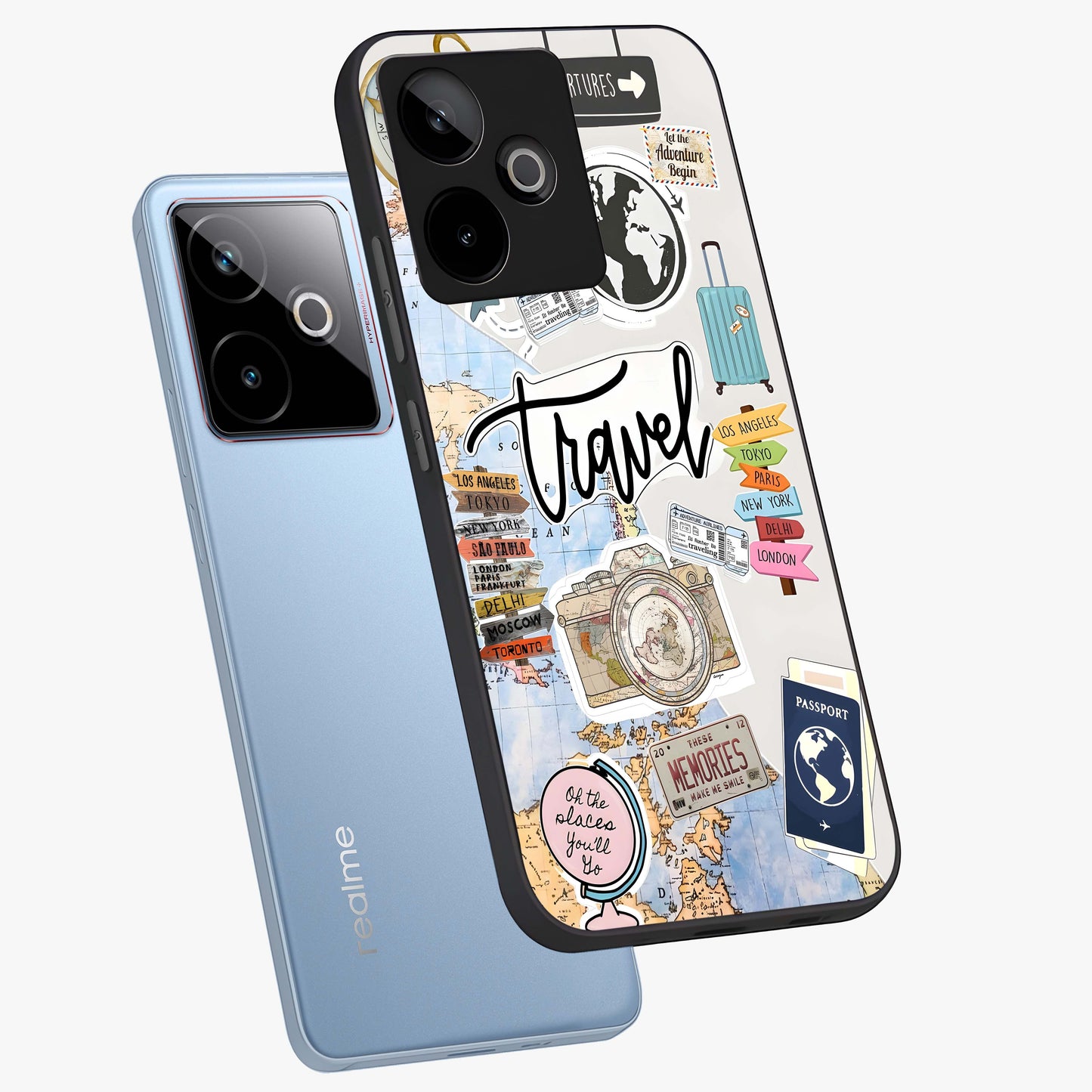 Wanderlust Journal Glass Case displayed in angled mockup highlighting adventure themed design with aesthetic travel vibe.