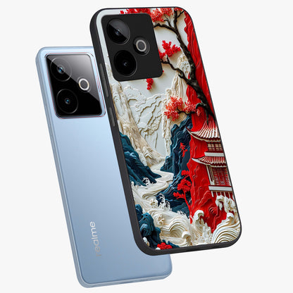 Whispers Of Sakura Waves Glass Case displayed in angled mockup highlighting flowing sakura design with soft floral aesthetic.