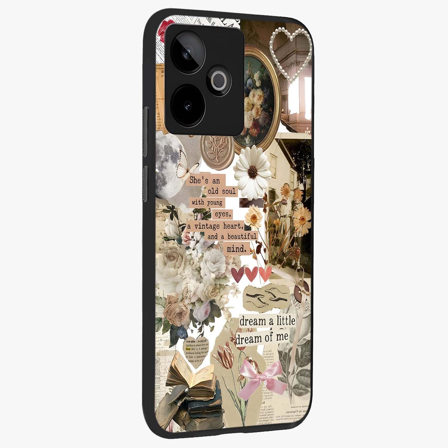 Aesthetic Brown Vintage Collage Glass Case upright view showcasing nostalgic retro artwork with stylish vintage theme.
