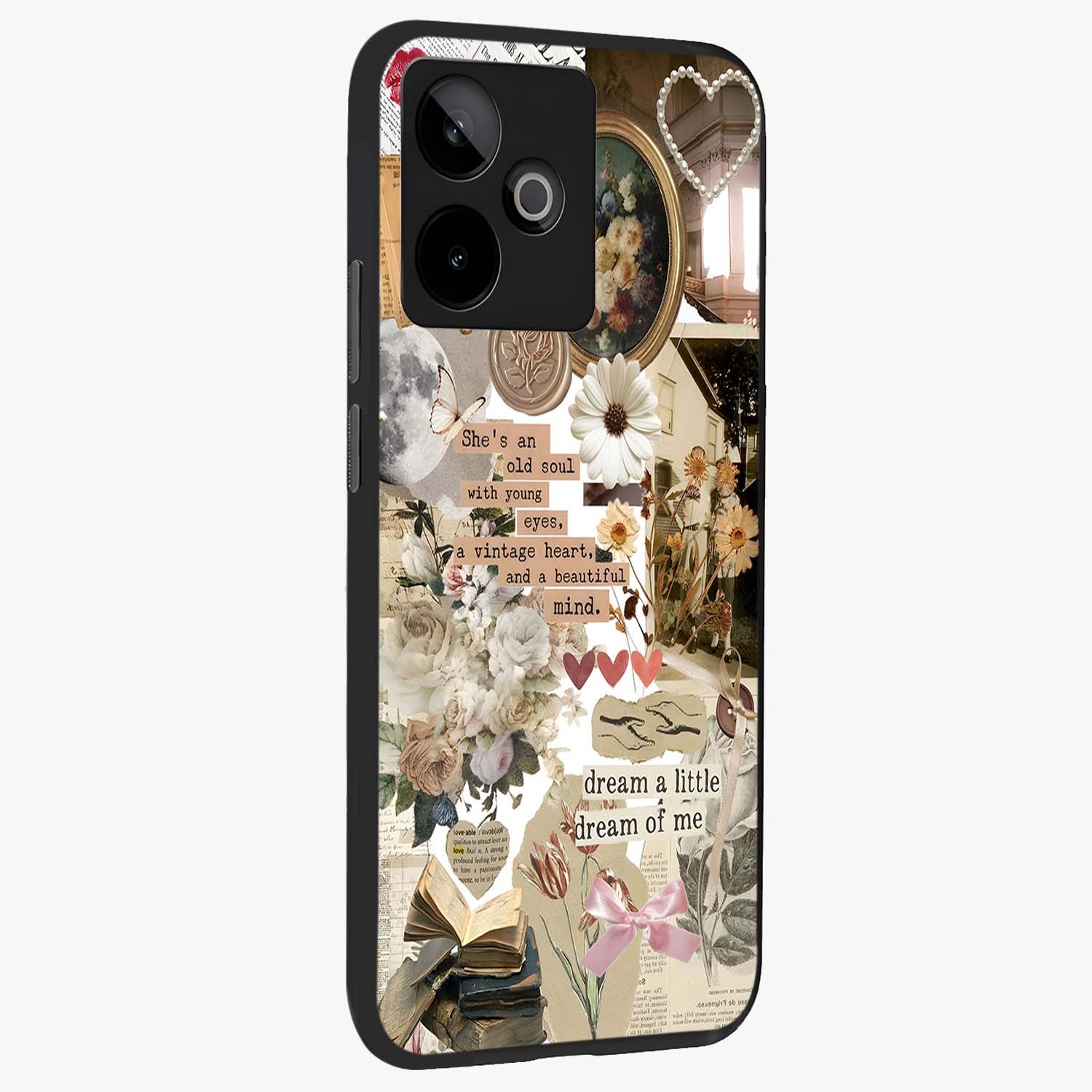 Aesthetic Brown Vintage Collage Glass Case upright view showcasing nostalgic retro artwork with stylish vintage theme.