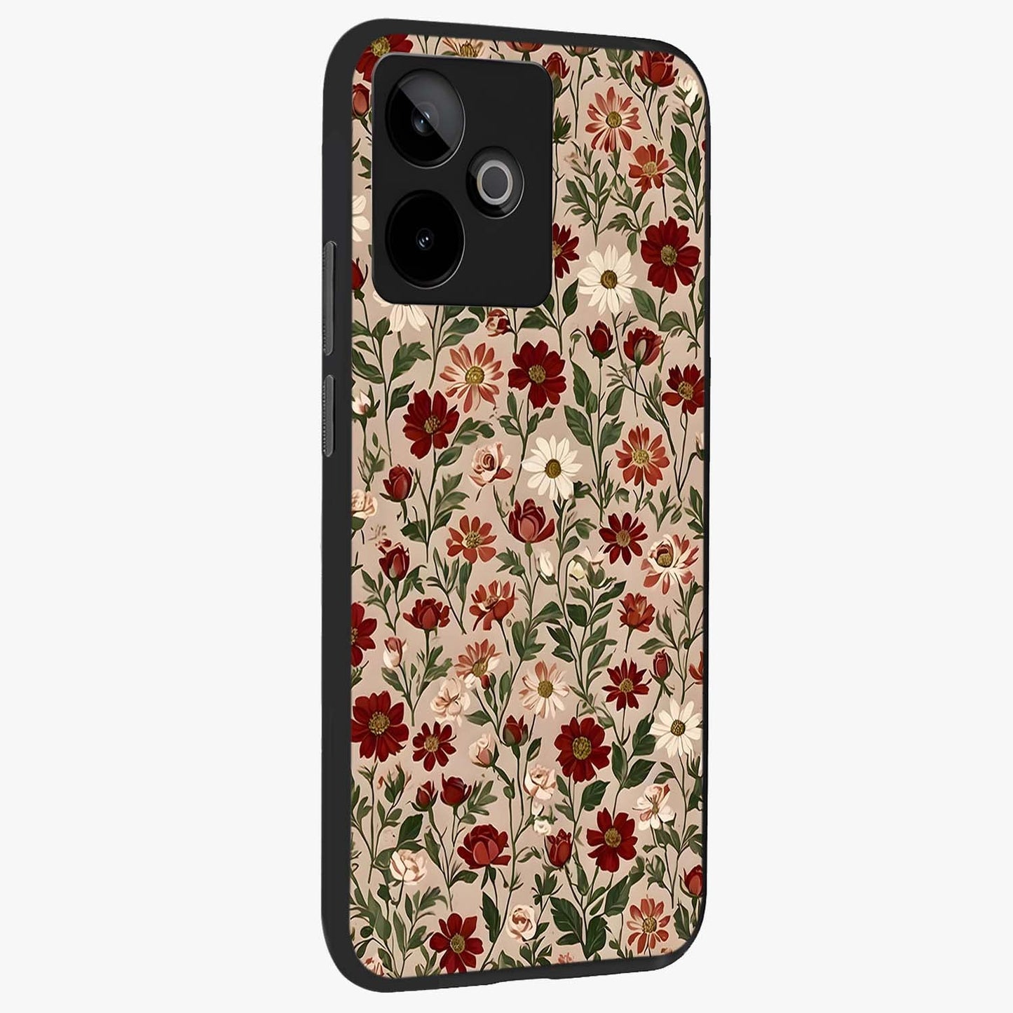 Biege Flower With Leaf Glass Case upright view showcasing delicate beige flower illustration with clean botanical style.