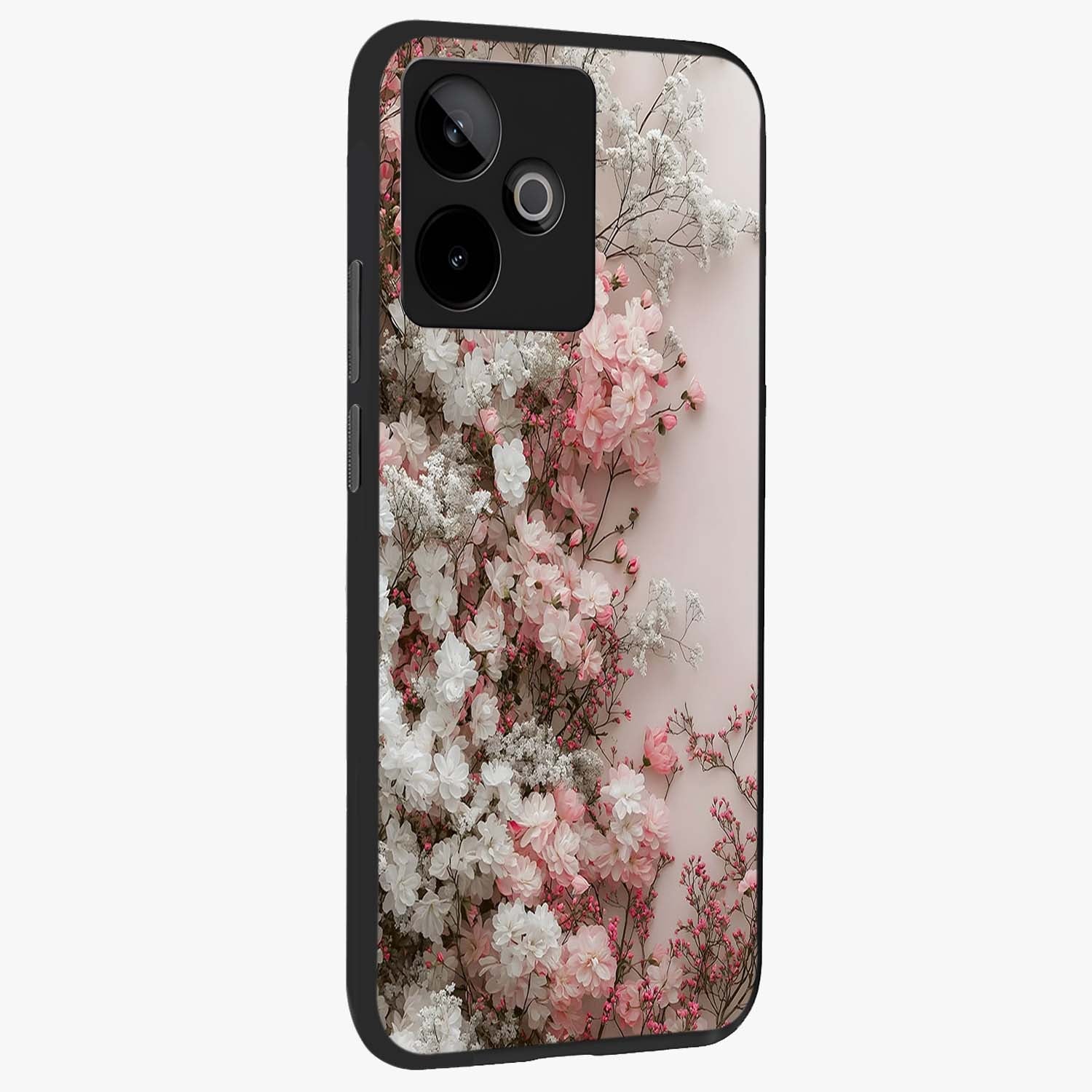 Blush Blossom Cloud Glass Case upright view showcasing calm floral cloud artwork with gentle dreamy theme.