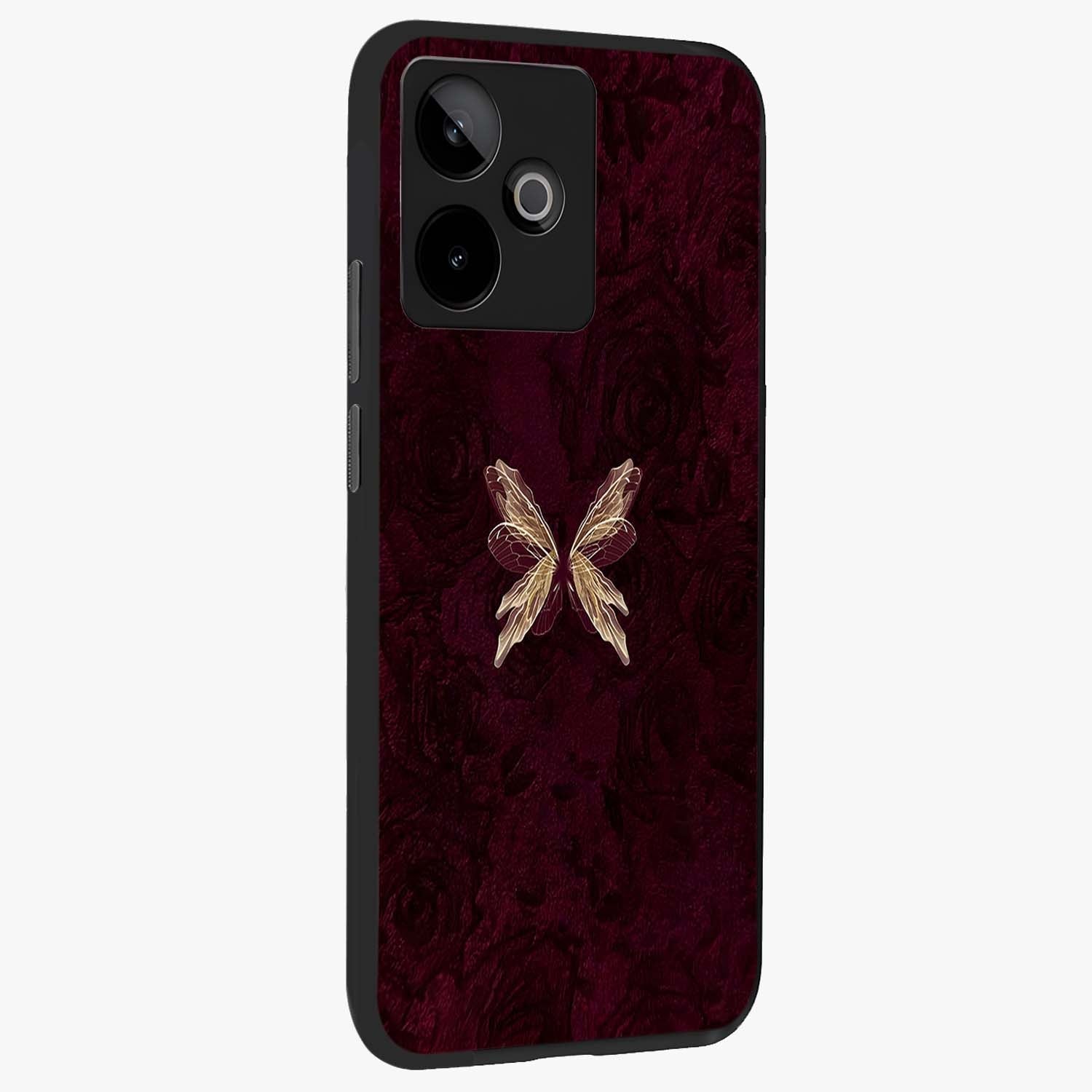 Crimson Fade Butterfly Glass Case upright view showcasing graceful butterfly artwork with soft crimson fade effect.