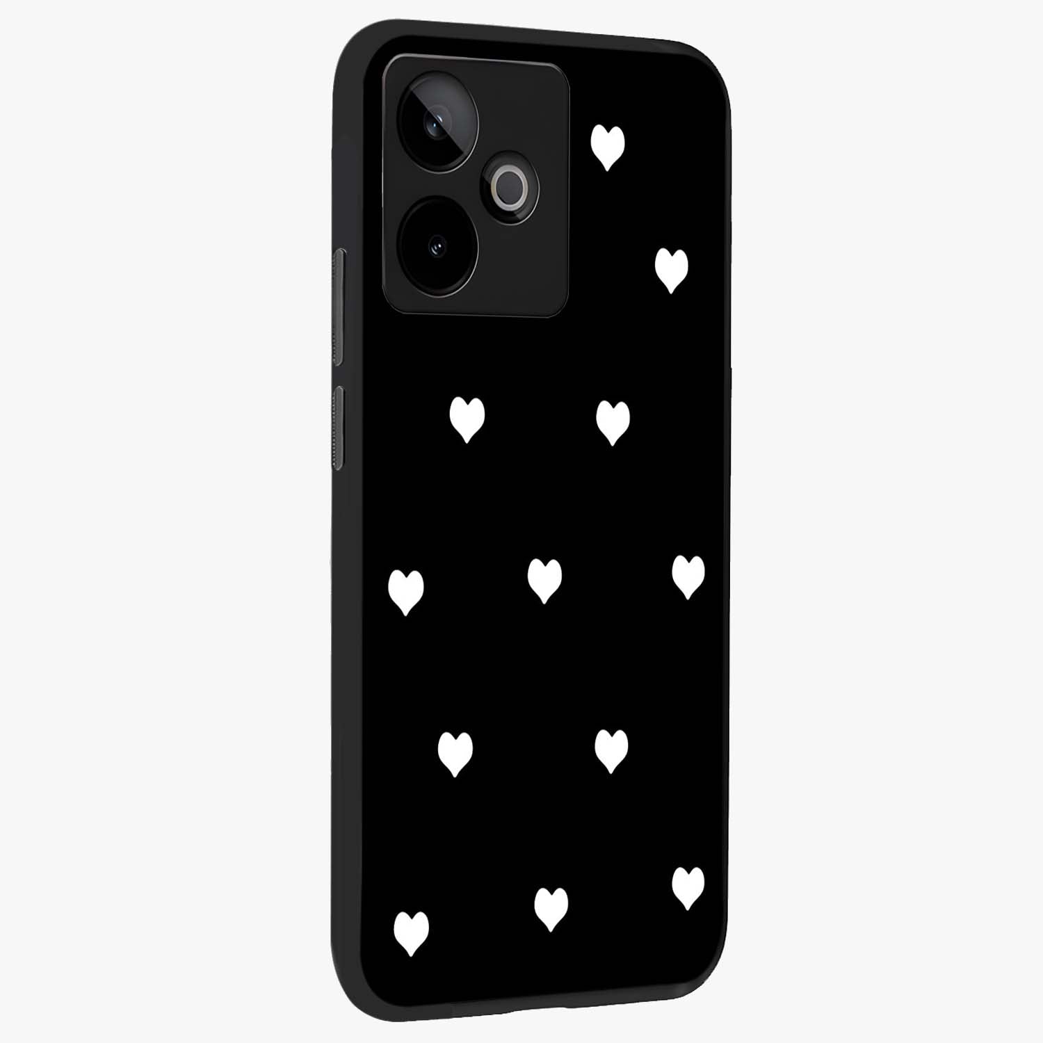 Cute And Simple White Hearts Glass Case upright view showcasing simple white hearts artwork with soft minimal theme.