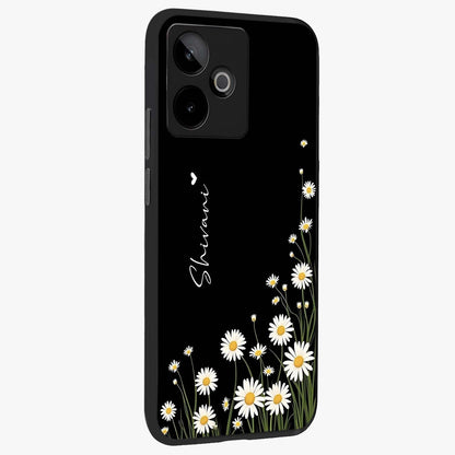 Daisy Cascade Custom Name Glass Case upright view showcasing elegant floral cascade design with personalized aesthetic.
