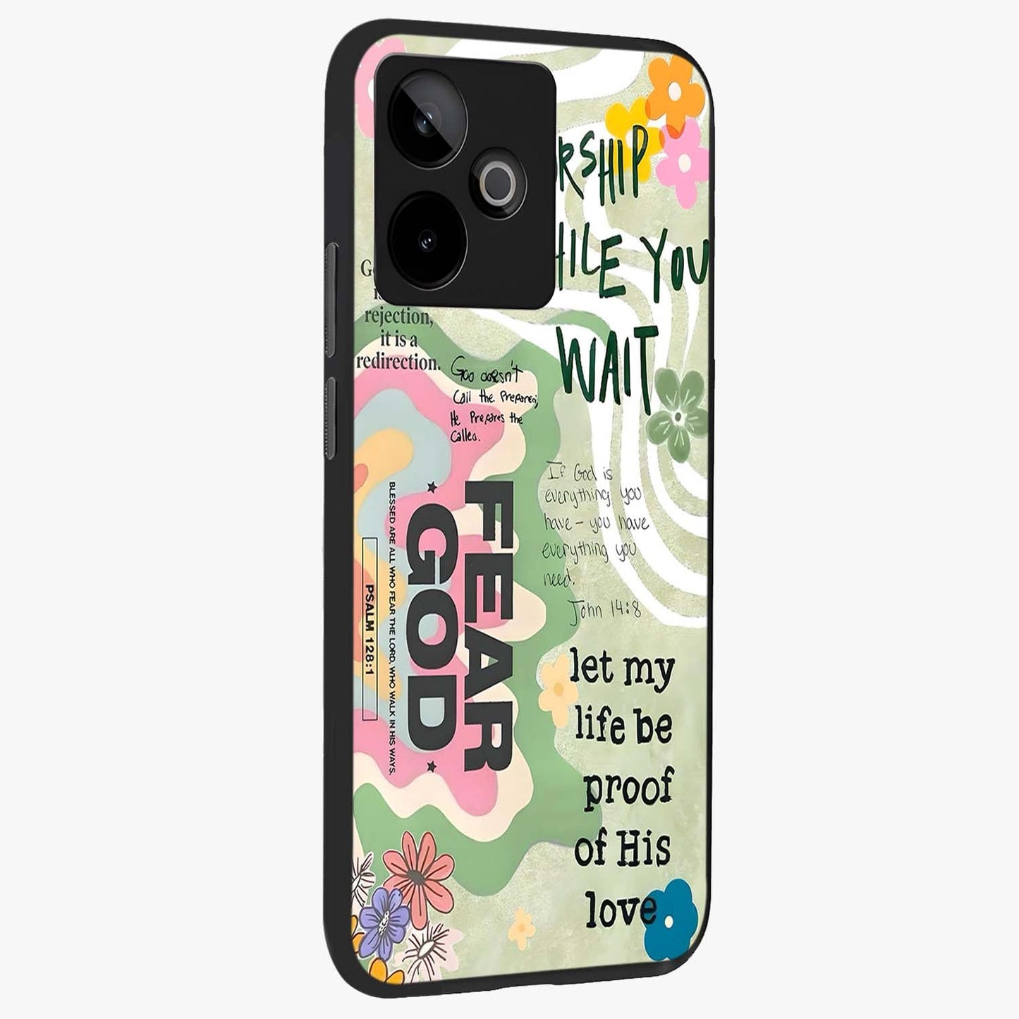 Faith Over Fear Glass Case upright view showcasing bold typography artwork with uplifting motivational theme.