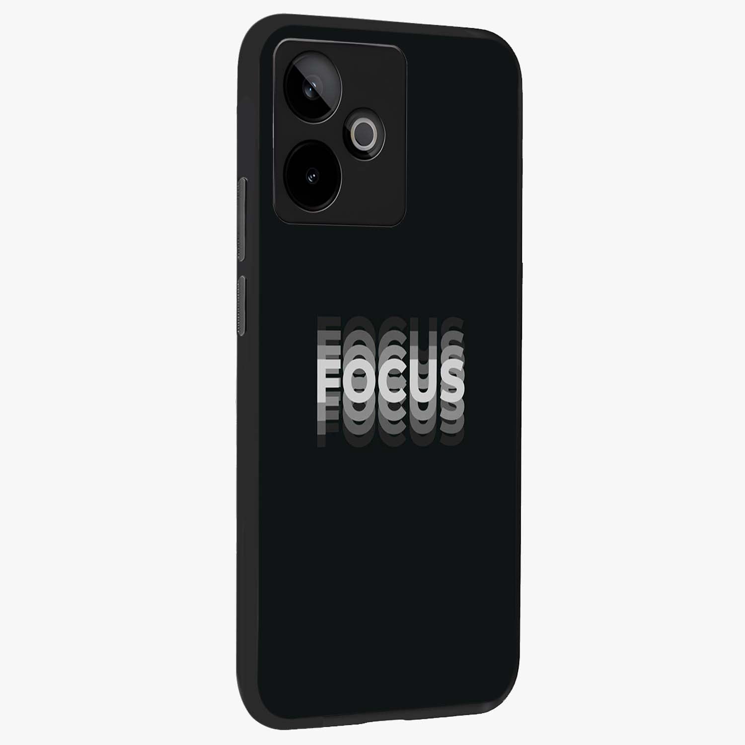 Focus Mode On Glass Case upright view showcasing strong typography statement with sleek motivational theme.