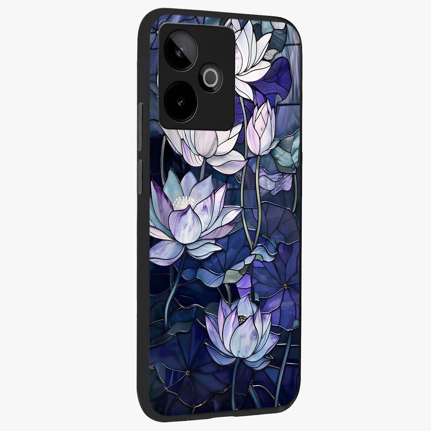 Gloss Petal Rush Glass Case upright view showcasing dynamic floral petal artwork with modern botanical theme.