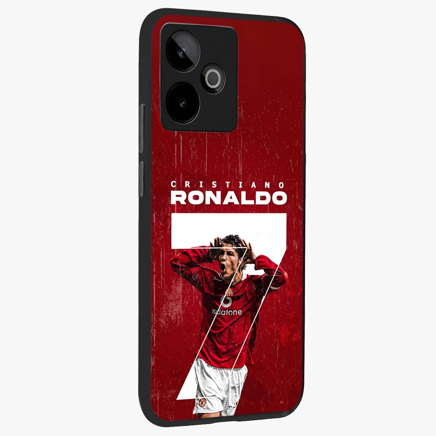 Goal Celebration Legacy Glass Case upright view showcasing dynamic football inspired artwork with victory celebration aesthetic.