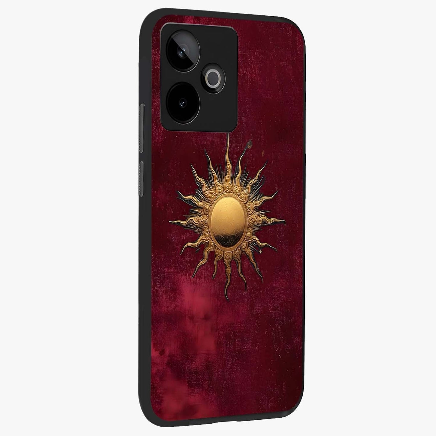 Golden Sun Minimalism Glass Case upright view showcasing simple golden sun artwork with elegant minimalist style.