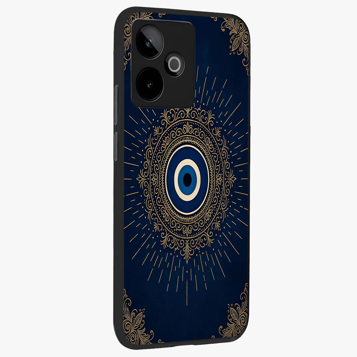Golden Celestial Charm Glass Case upright view showcasing radiant celestial artwork with elegant golden theme.