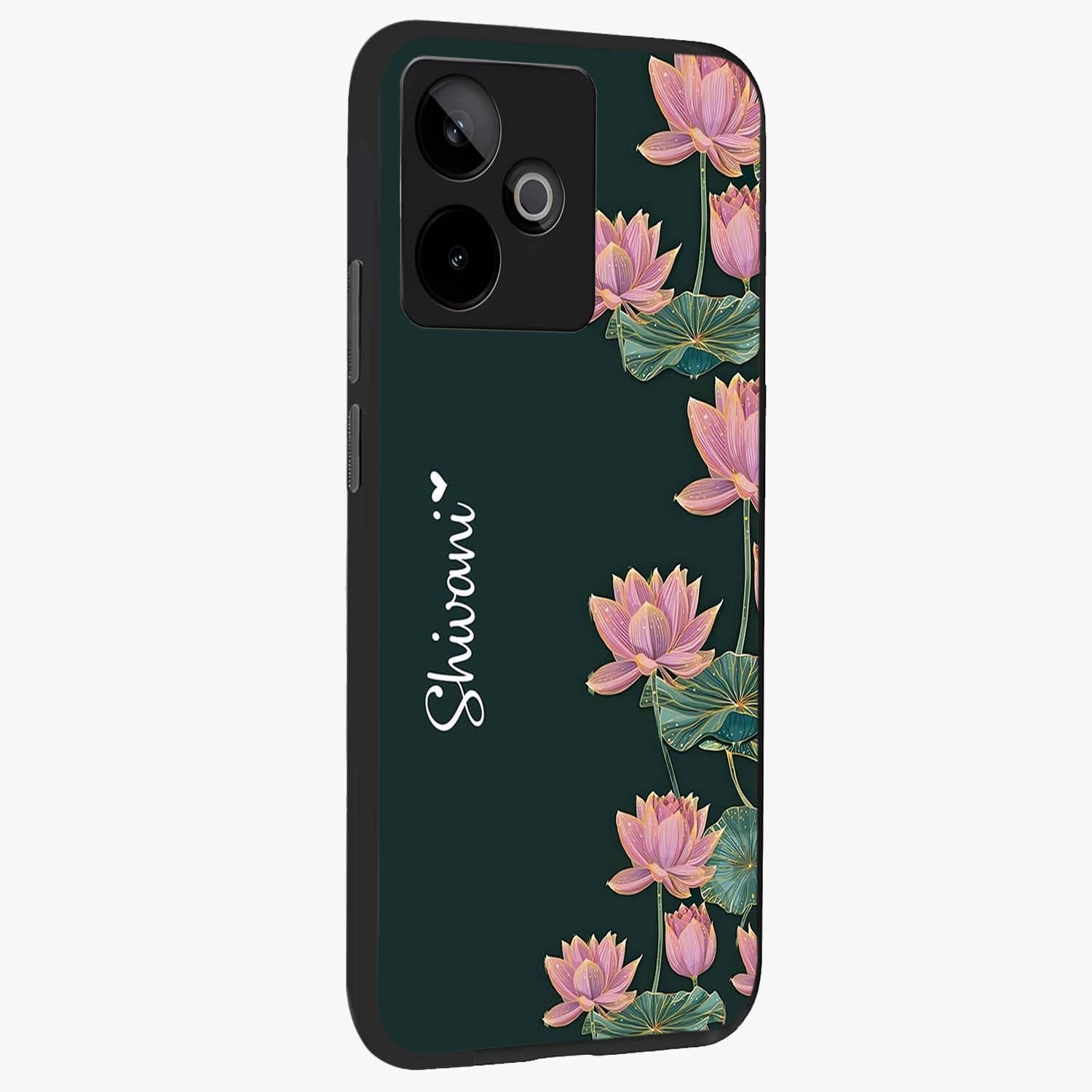Lotus Bloom Serenity Custom Name Glass Case upright view showcasing serene lotus bloom artwork with personalized floral aesthetic.