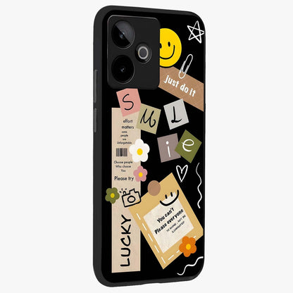 Lucky Aesthetic Collage Glass Case upright view showcasing vibrant collage artwork with youthful aesthetic theme.