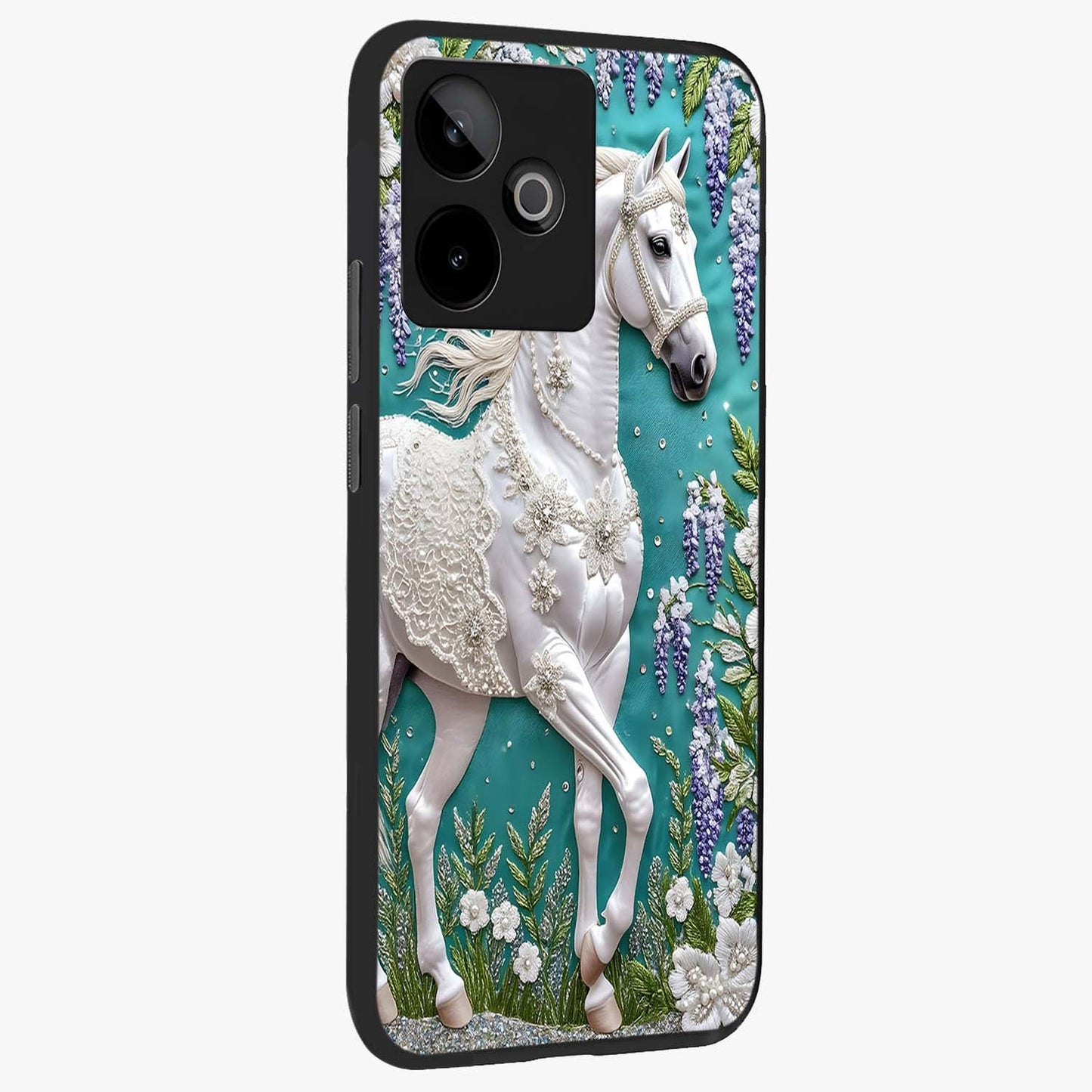 Majestic Floral Stallion Glass Case upright view showcasing dramatic horse artwork with decorative floral theme.