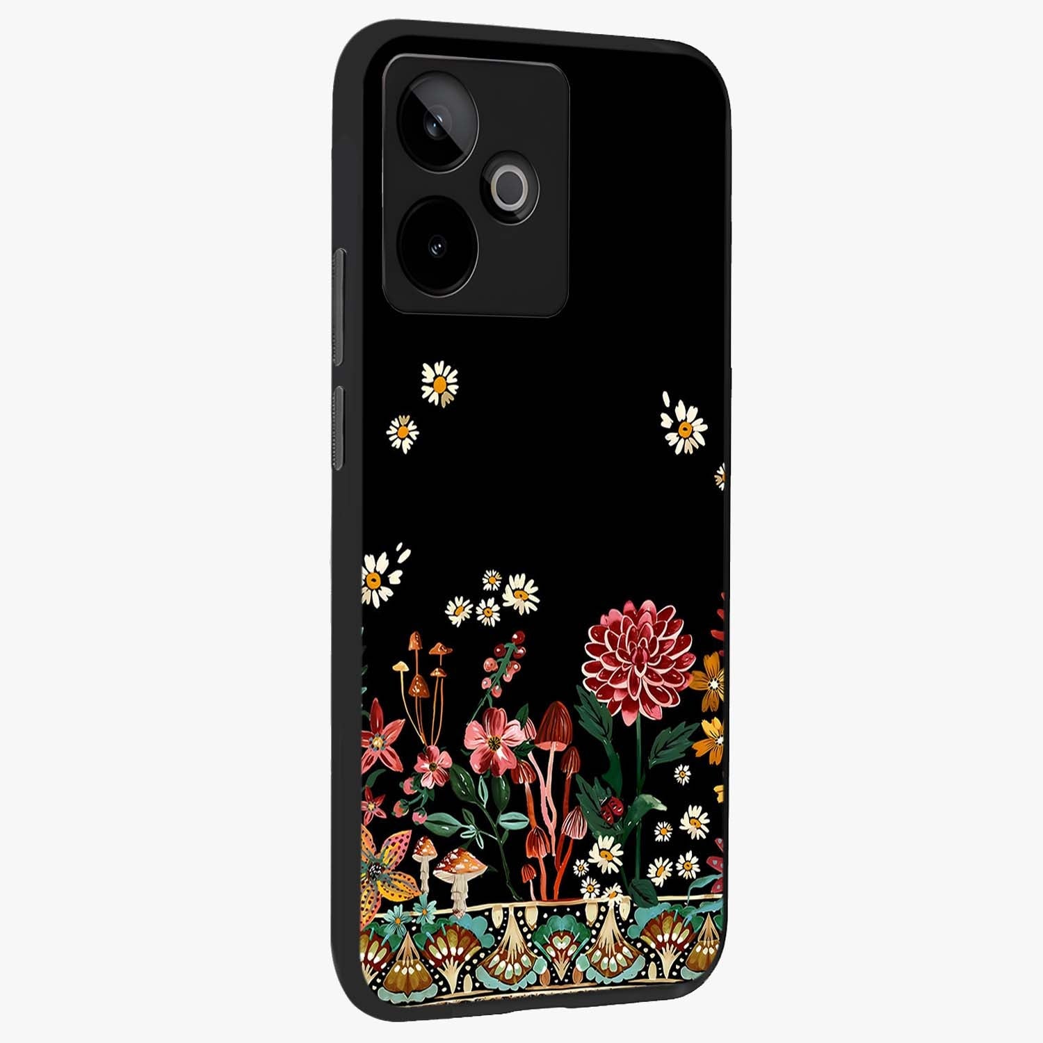 Midnight Bloom Pattern Glass Case upright view showcasing decorative floral artwork with deep night themed palette.
