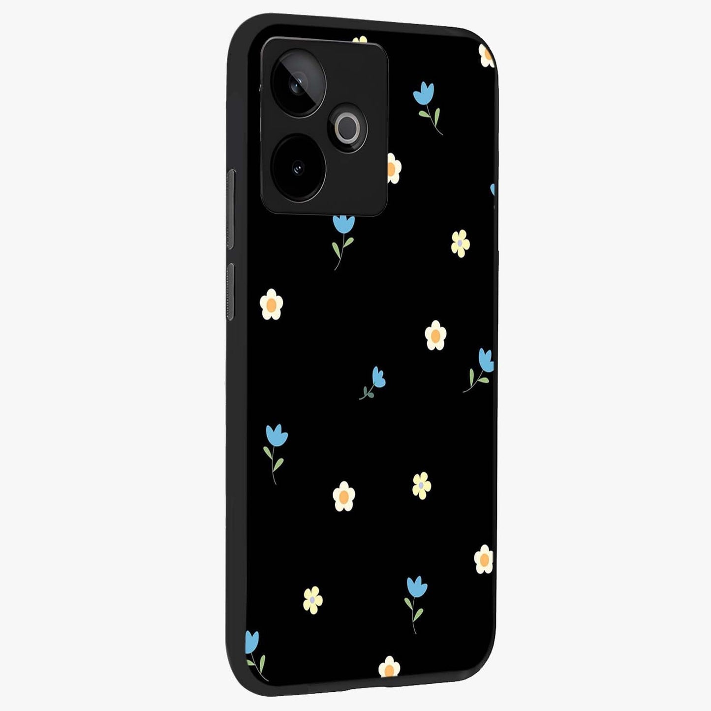 Minimal Petal Whispers Glass Case upright view showcasing elegant floral artwork with modern minimalist style.