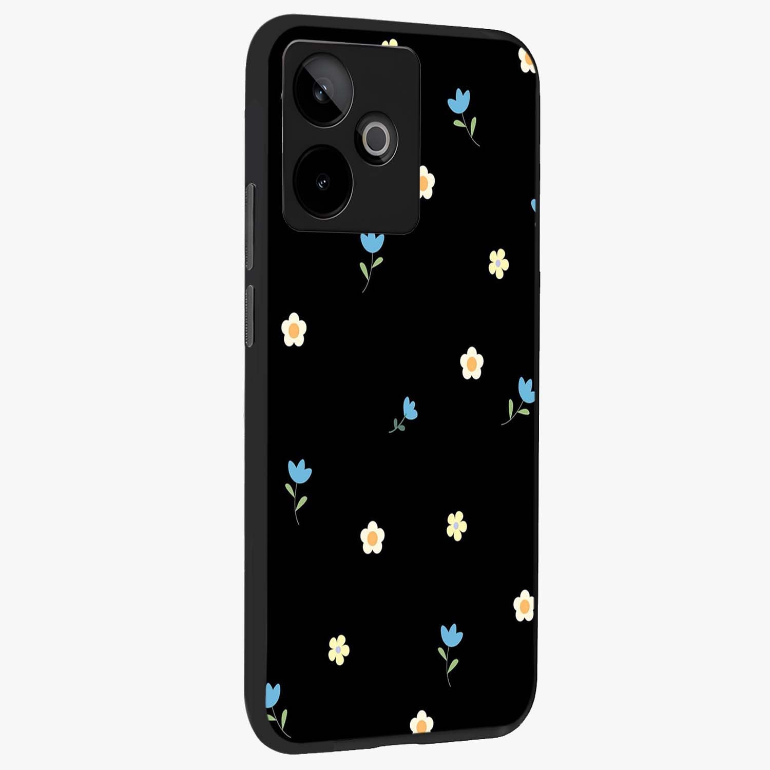 Minimal Petal Whispers Glass Case upright view showcasing elegant floral artwork with modern minimalist style.