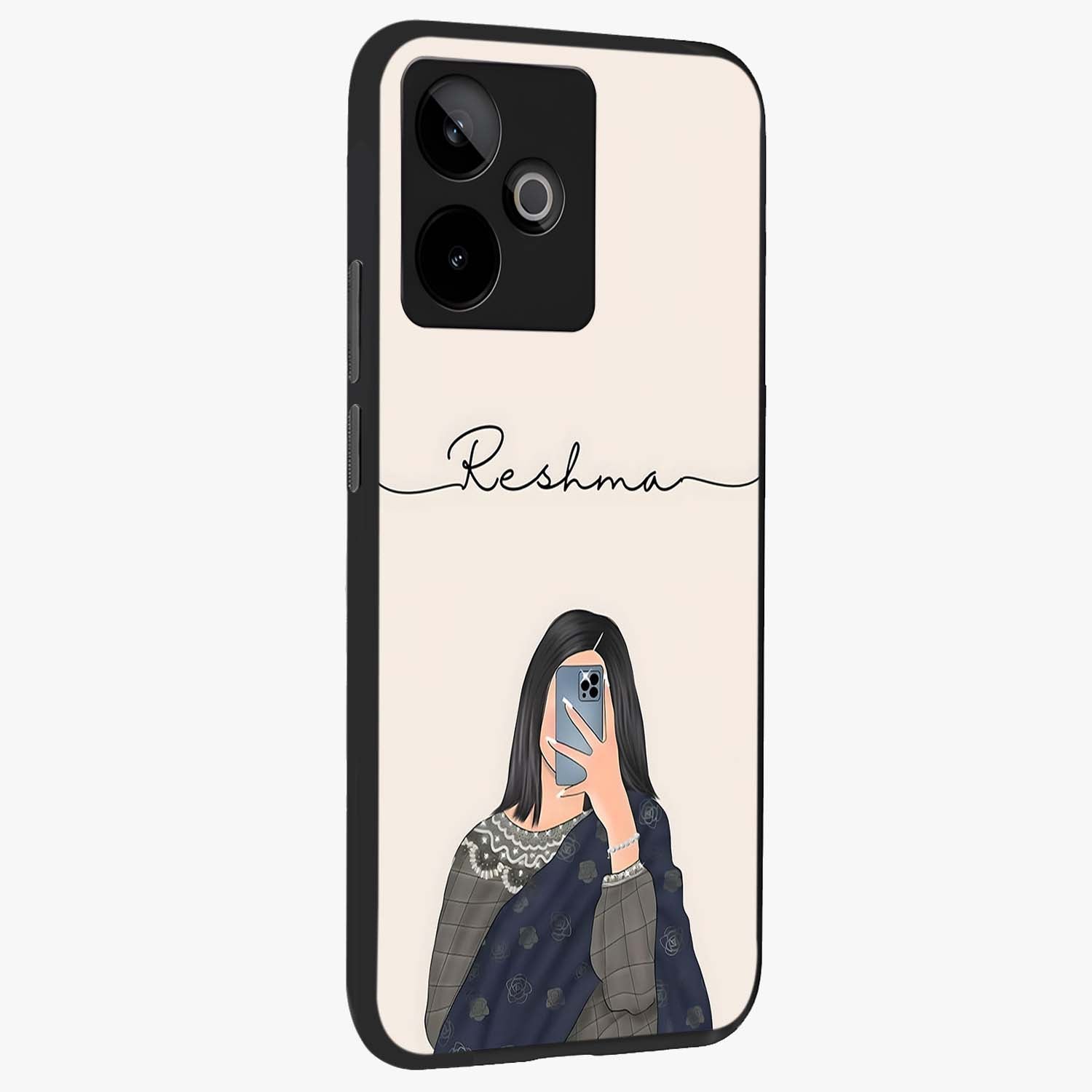 Mirror Mood Muse With Custom Name Glass Case upright view showcasing artistic mirror themed artwork with personalized aesthetic.