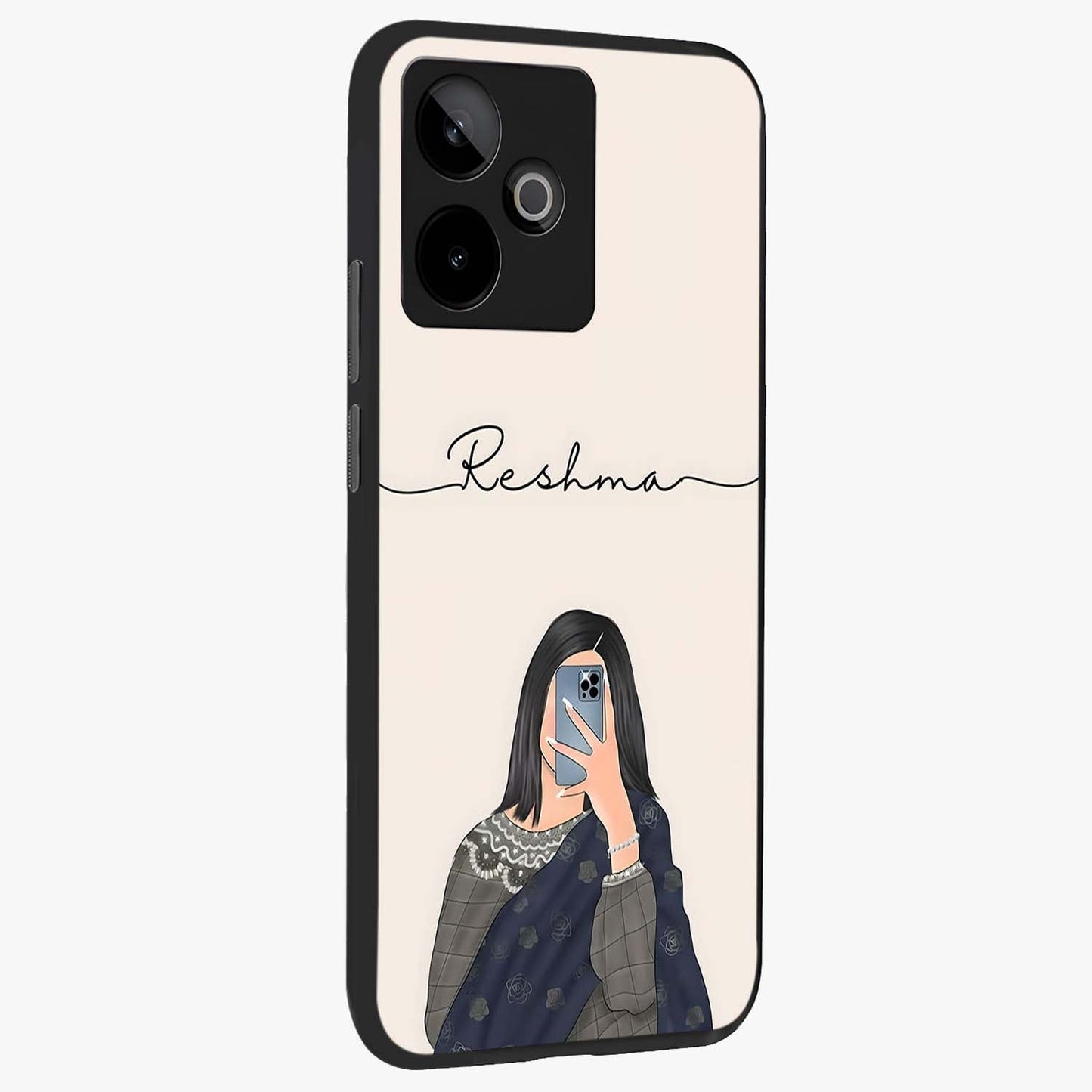 Mirror Mood Muse With Custom Name Glass Case upright view showcasing artistic mirror themed artwork with personalized aesthetic.