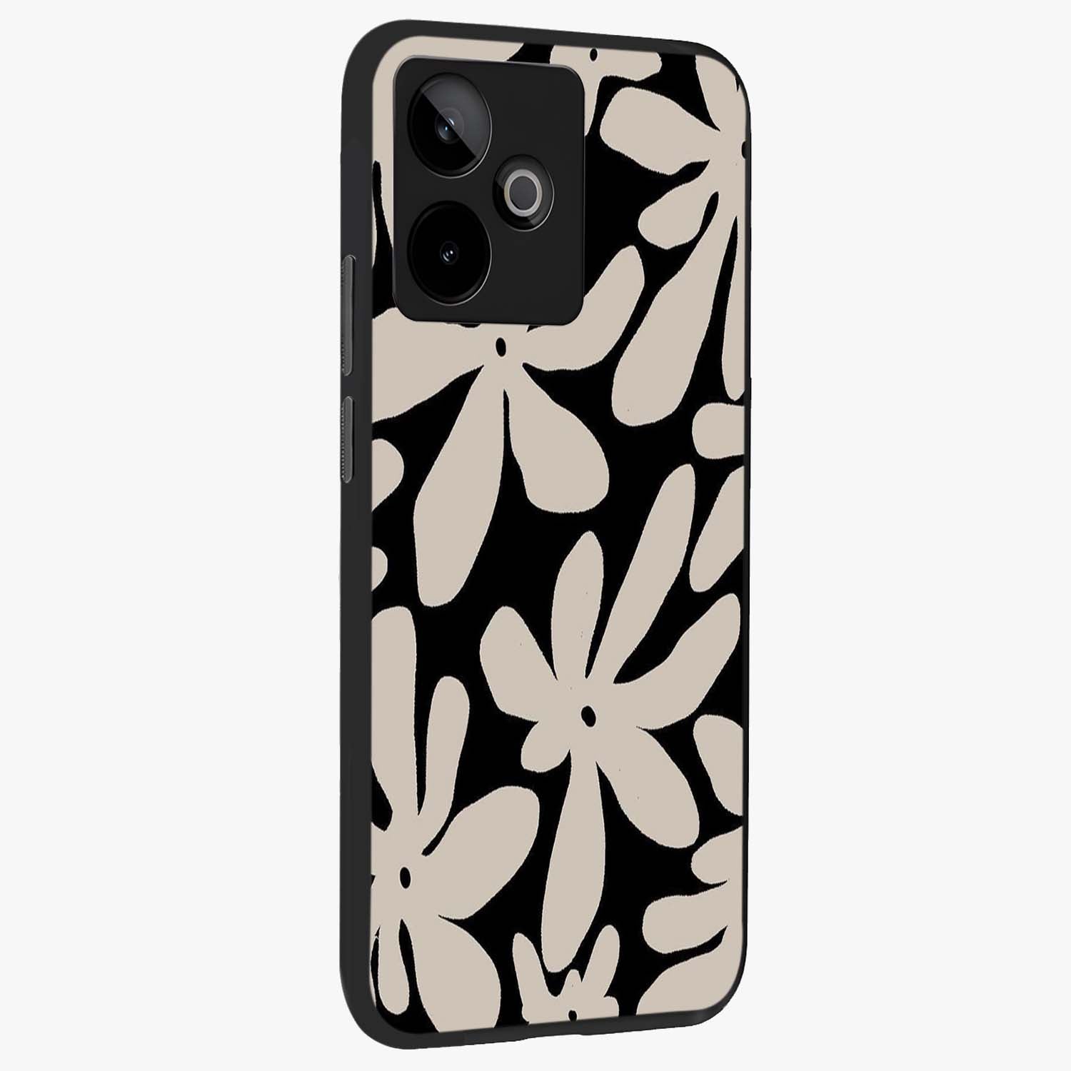 Monochrome Petal Dance Glass Case upright view showcasing artistic floral pattern with stylish monochrome theme.