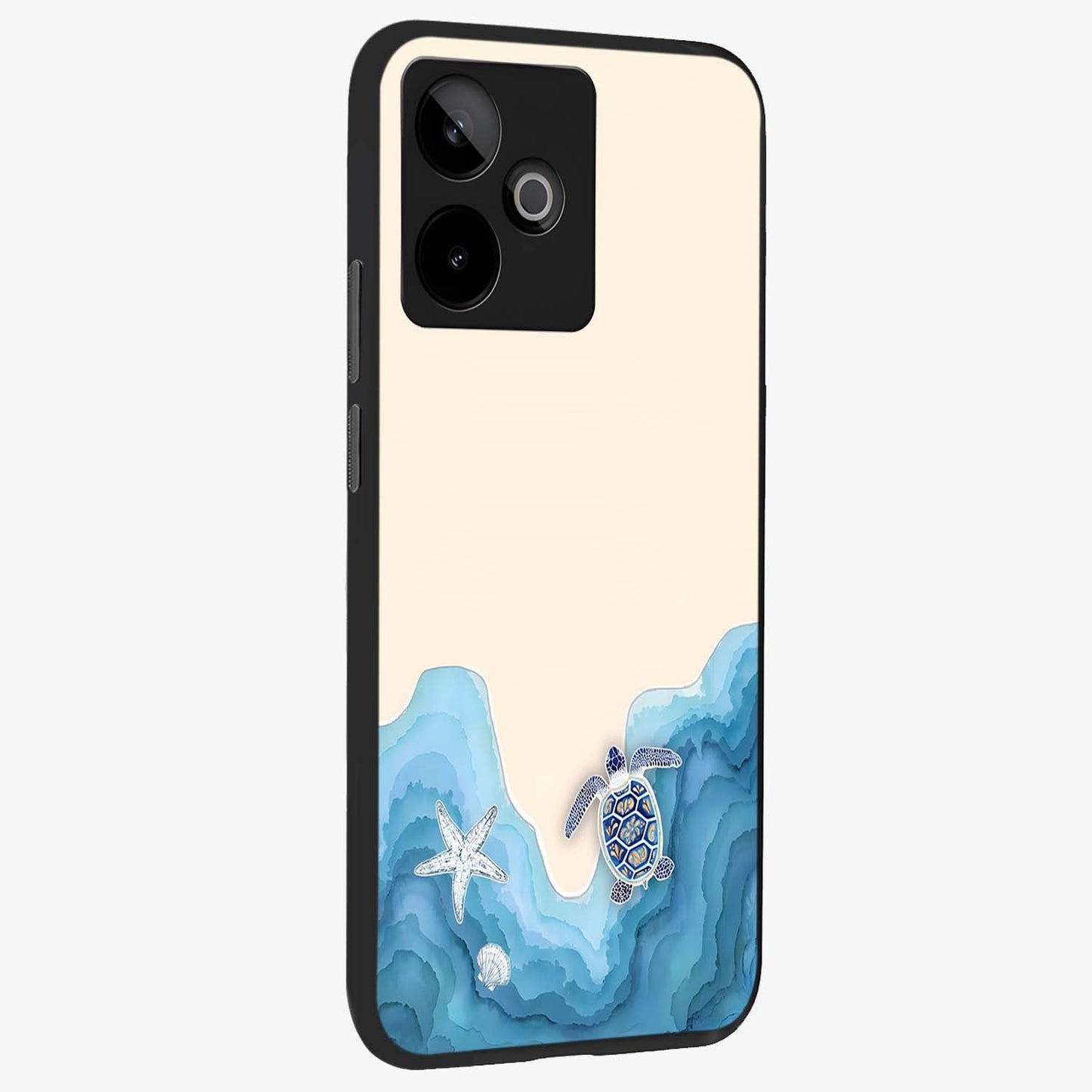 Ocean Drift Turtle Glass Case upright view showcasing calm underwater turtle artwork with nature inspired theme.
