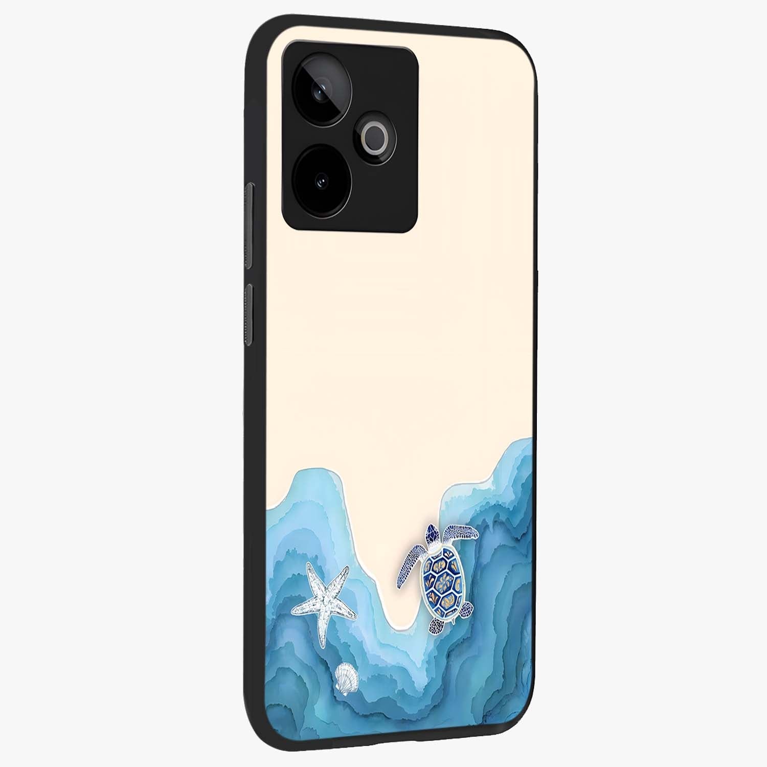 Ocean Drift Turtle Glass Case upright view showcasing calm underwater turtle artwork with nature inspired theme.