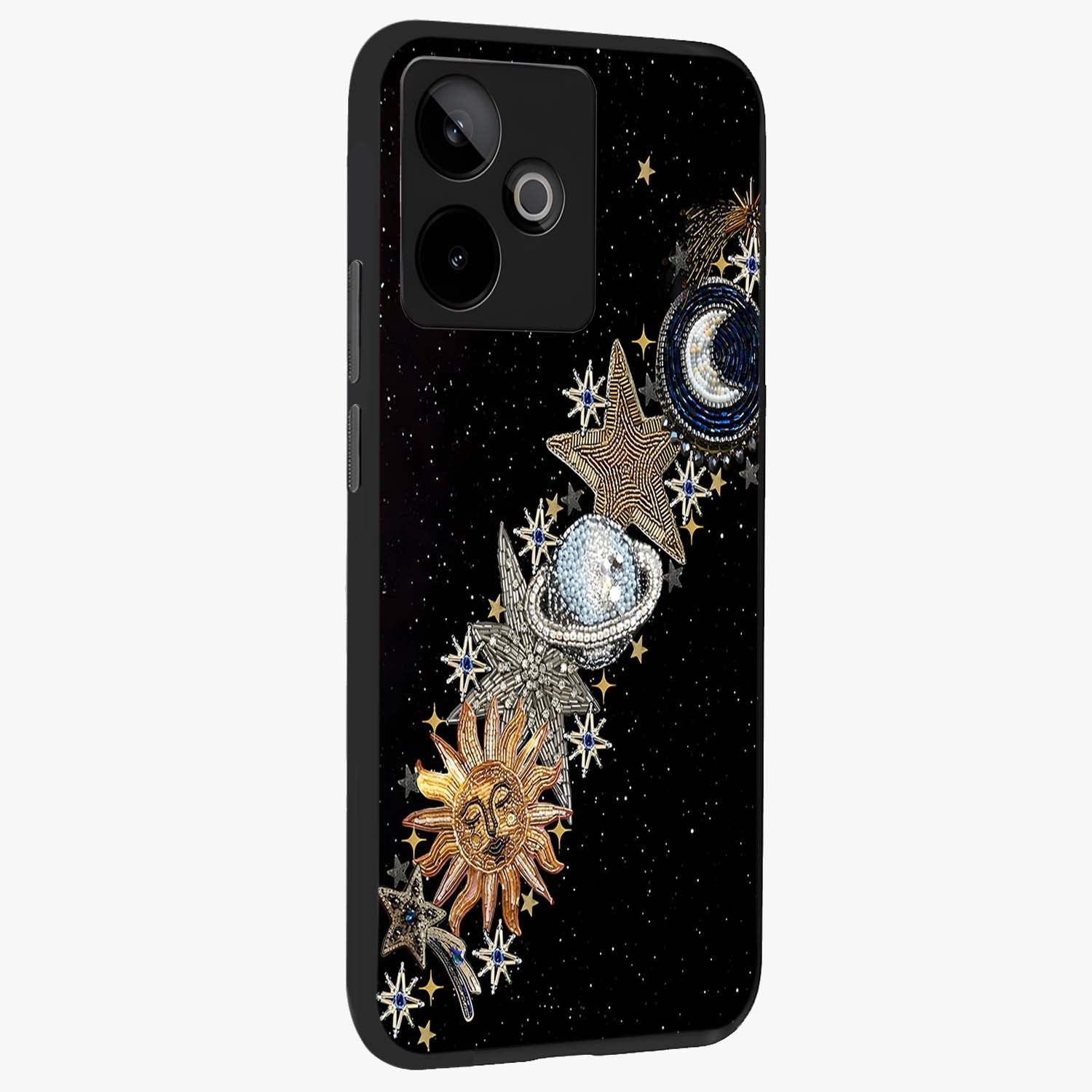 Pearls Universe Object Glass Case upright view showcasing decorative pearl themed artwork with cosmic elegance.